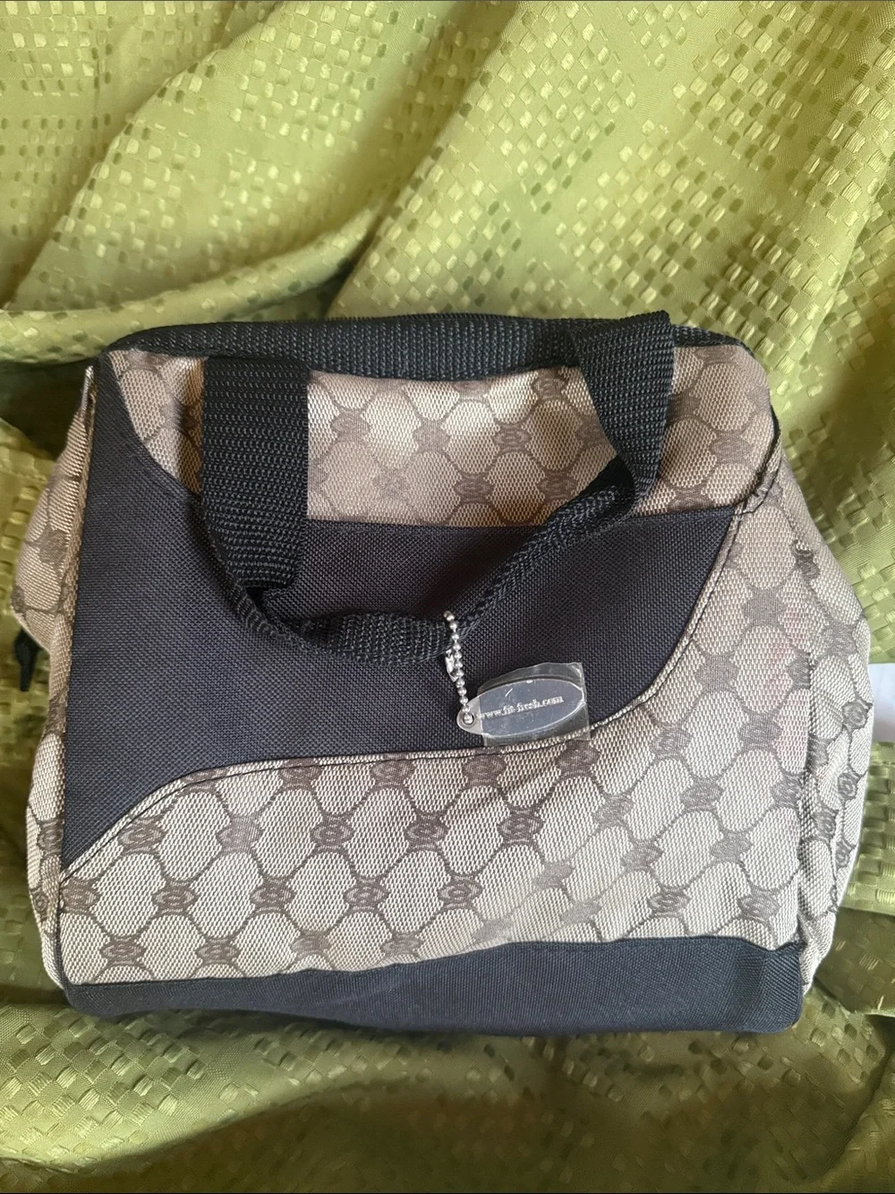 Patterned Beige and Brown Cosmetic lunch Bag with Black Trim
